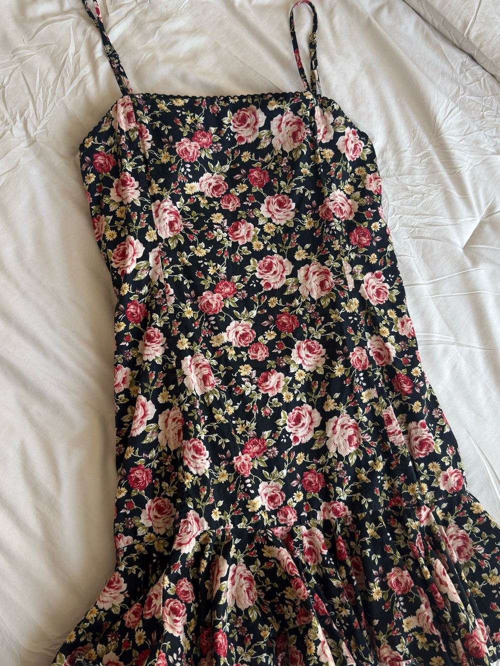 Mable Black Floral Midi Slip Dress with Pink Roses
